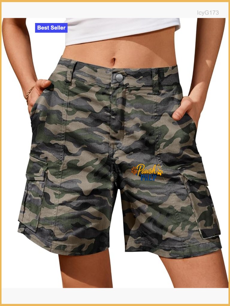 Cargo Shorts Knee Length 6 Pockets Elastic Waist High Rise Womens Summer